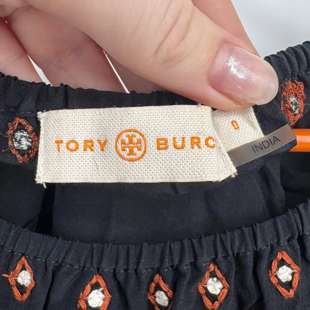 Tory Burch Jessie Black Silk Blouse with Orange Embroidery